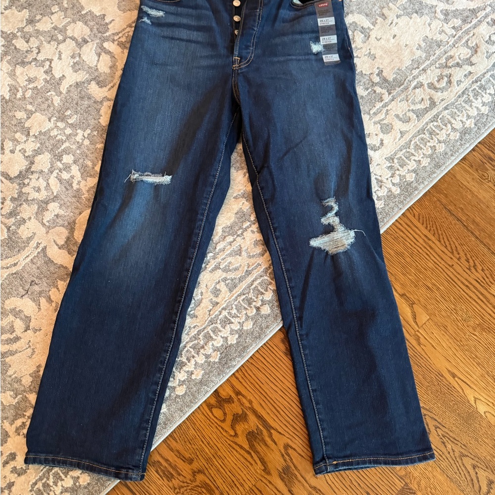 Levi's Straight Leg Distressed Jeans in Dark Blue